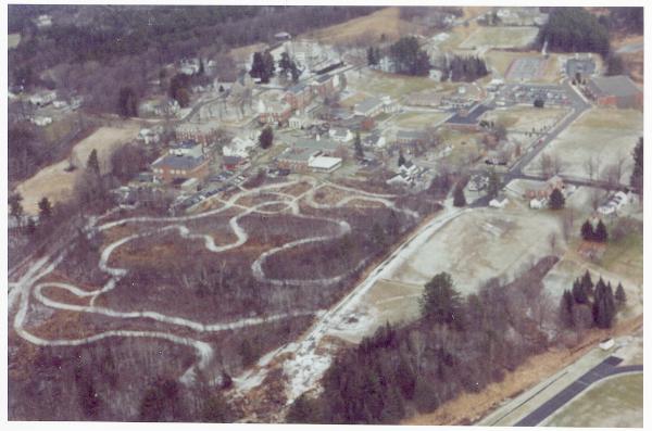 Aerial overview of 1.5 kilometer x 4-5 meter cross country ski trail at Kimball Union Academy in Meridan, New Hampshire.